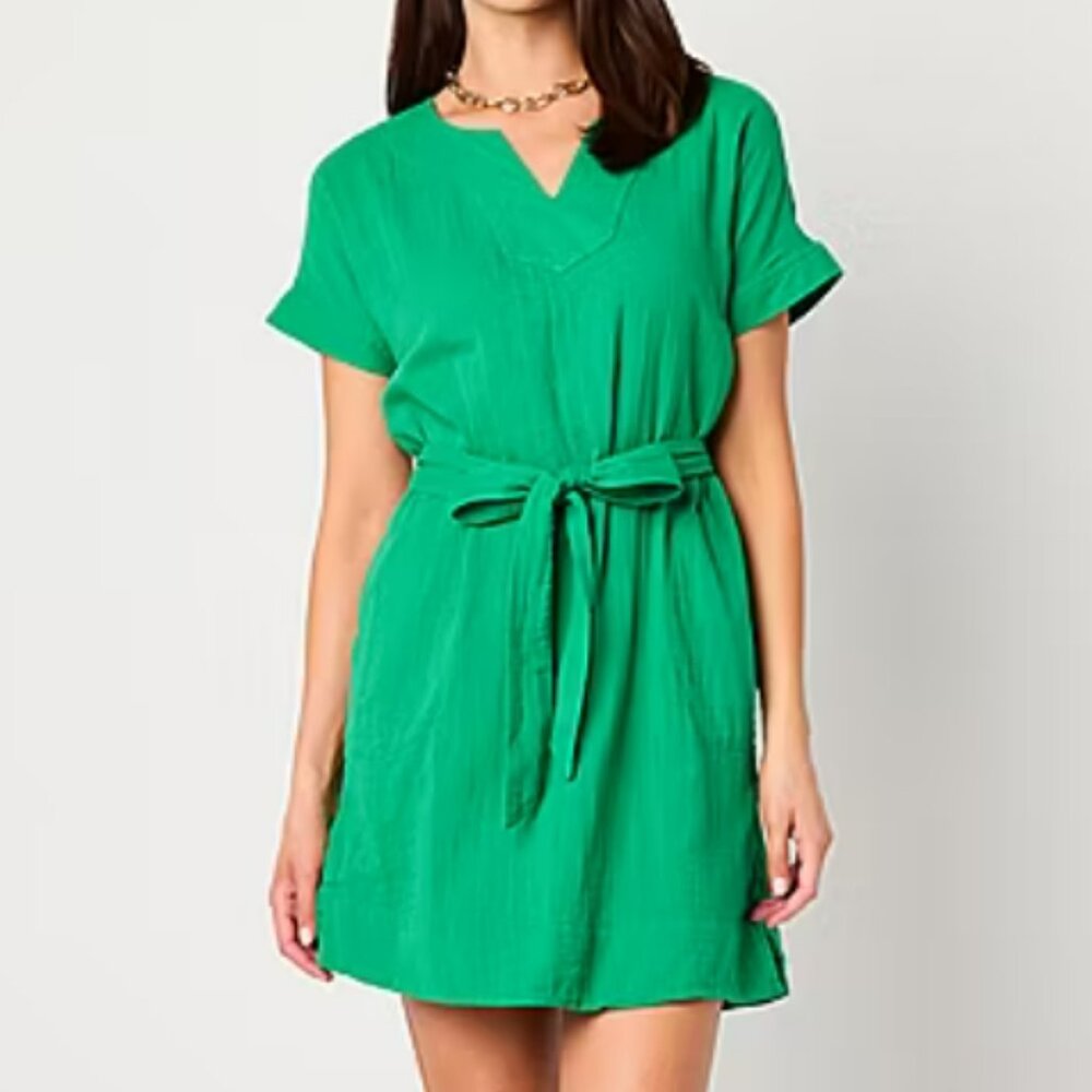St. John's Bay Green Short Sleeve Tie-Waist Dress